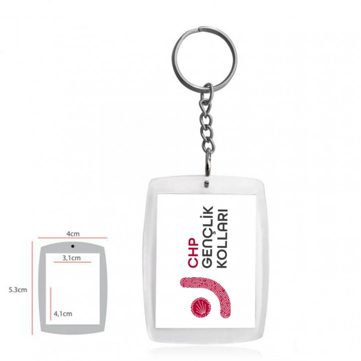 CHP logolu şeffaf akrilik 5,3x4 cm zincirli dikdörtgen promosyon anahtarlık